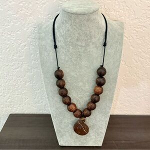 Chunky Wood Bead Leather Necklace